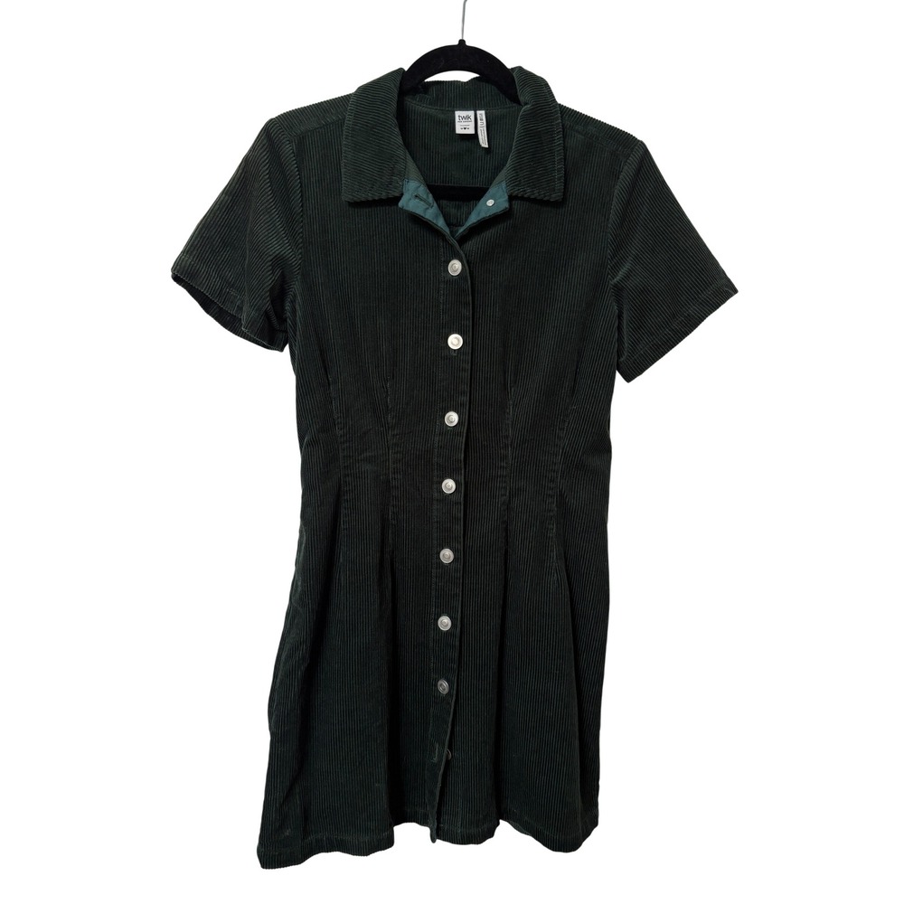 Twik Simons Dark Green Organic Cotton Corduroy Button Front Mini Dress Womens M